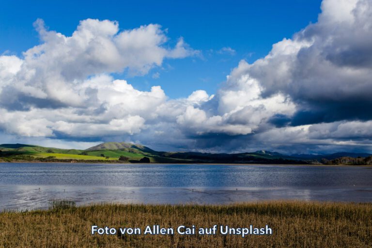 Weite Landschaft mit blauem Himmel, großen weißen und dunklen Wolken, einem ruhigen See in der Mitte und grünen Hügeln im Hintergrund; im Vordergrund braune Ufervegetation, vom Wind leicht bewegt.